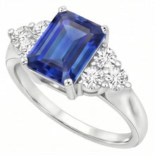Afbeelding in Gallery-weergave laden, 4 ct Emerald Cut Ceylon blauwe saffier en ronde Natuurlijke echte diamanten ( niet in een laboratorium gekweekt ) trouwring
