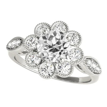 4 Karaats Halo Ring Ronde Oude Mijnwerker Echt Diamant Bloem Stijl 14K Goud