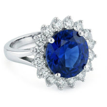 Afbeelding in Gallery-weergave laden, 5.25 Karaat Ceylonese Blauwe Saffier Rond Natuurlijke uit de a aarde gewonnen Diamanten Ring 14K WG

