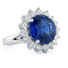 Afbeelding in Gallery-weergave laden, 5.25 Karaat Ceylonese Blauwe Saffier Rond Natuurlijke uit de a aarde gewonnen Diamanten Ring 14K WG
