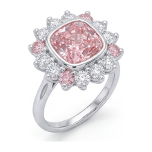 Afbeelding in Gallery-weergave laden, 14K witgouden halo ring met 5,5 karaat labgekweekte fancy roze kussengeslepen diamant

