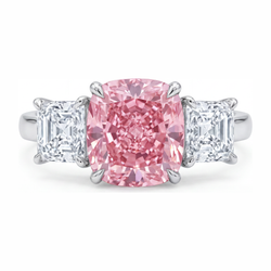 Roze verlovingsring 5,5 karaat labgekweekt kussengeslepen diamant drie stenen 14K witgoud