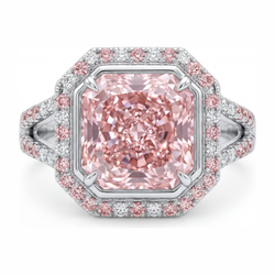 Roze verlovingsring met 5,5 karaat labgekweekte radiant diamant, halo en gespleten scheen in 14k witgoud