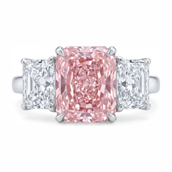 Verlovingsring met roze steen 5,5 karaat labgekweekt radiant diamant drie stenen kathedraal 14k Witgoud