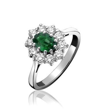 5,25 karaat groene smaragd en diamanten verlovingsring wit goud 14K