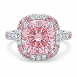 Damesring met 6 karaat labgekweekte roze kussengeslepen diamant, dubbele Halo, 14K Witgoud