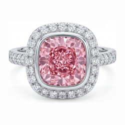 Roze diamanten ring 6 karaat labgekweekt kussenslijpsel halo pavé 14k witgoud