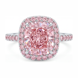 Labgekweekte roze diamant verlovingsring 6 karaat kussengeslepen halo pavé 14k witgoud