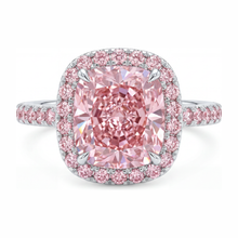 Afbeelding in Gallery-weergave laden, Labgekweekte roze diamant verlovingsring 6 karaat kussengeslepen halo pavé 14k witgoud
