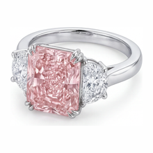 Afbeelding in Gallery-weergave laden, Labgekweekte roze diamanten ring 6 karaat radiantgeslepen driesteens glad 14k witgoud
