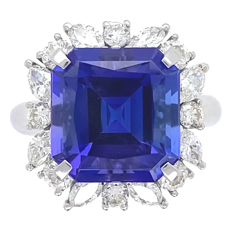 7 Karaat Blauwe Asscher Saffier Diamant Ring