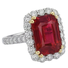 Afbeelding in Gallery-weergave laden, 9 Kt Rood Kussen Geslepen Robijn IGI GECERTIFICEERDE Diamanten Trouwring Tweekleurig Goud 14K
