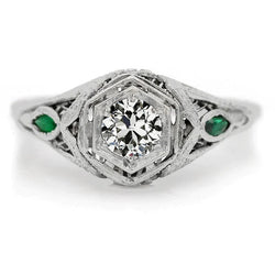 Aangepaste sieraden 3 stenen ring smaragd en diamant oude slijpvorm