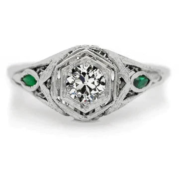 Aangepaste Sieraden 3 Stenen Ring Smaragd en Echt Diamant Oude Slijpvorm