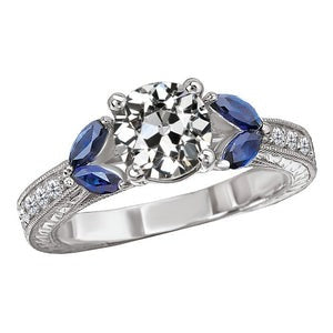 Antieke Stijl Oude Geslepen Echt Diamant & Marquise Saffieren Ring 5,50 Karaat