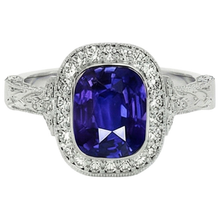 Afbeelding in Gallery-weergave laden, Antieke Stijl Natuurlijke uit de aarde gewonnen Diamanten Ring Kastzetting Kussen Ceylon Saffier 8 Karaat
