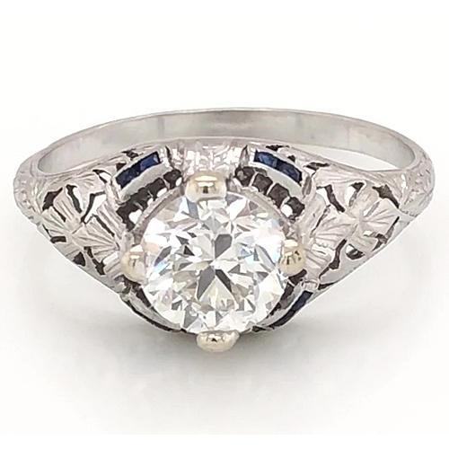 Antieke Stijl Echt Diamanten Ring 1,50 Karaat Blauwe Saffier Wit Goud 14K