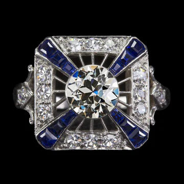 Antieke Stijl Halo Ring Oude Mijnwerker Echt Diamant & Blauwe Saffieren 4 Karaat