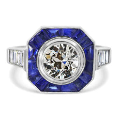Art Deco Sieraden Nieuwe Halo Oud Geslepen & Smaragd Natuurlijke uit de aarde gewonnen Diamant Saffier Ring