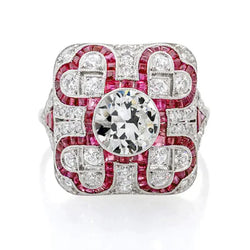 Art Deco Sieraden Nieuwe Antieke Stijl Halo Oud Geslepen Natuurlijke uit de aarde gewonnen Diamant Robijn Ring