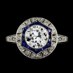Art Deco Sieraden Nieuwe Dubbele Halo Ring Oud Geslepen Natuurlijke uit de aarde gewonnen Diamant & Ceylon Saffieren