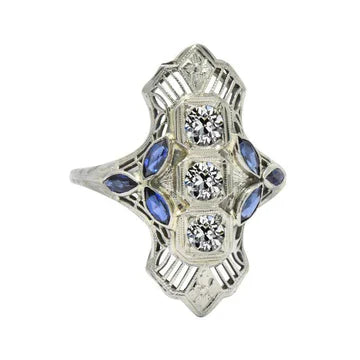 Art Deco Sieraden Nieuwe Edelsteen Ring Oude Geslepen Echt Diamant & Marquise Saffier