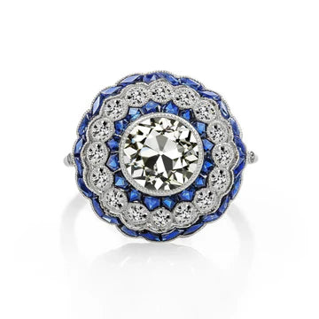 Art Deco Sieraden Nieuwe Gouden Halo-Ring Old Cut Echt Diamond & Blue Sapphire