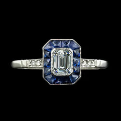 Art Deco Sieraden Nieuwe Halo Ring Smaragd Natuurlijke uit de aarde gewonnen Diamant & Trapezium Saffieren