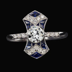 Echt Art Deco Sieraad Nieuwe Oude Mijnwerker Natuurlijke uit de aarde gewonnen Diamant & Saffier Damesring