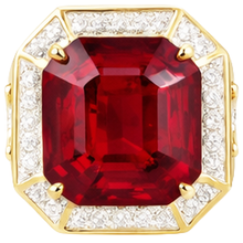 Afbeelding in Gallery-weergave laden, Asscher Rode Heren Robijn IGI GECERTIFICEERDE Ring Met Diamant 11 Karaat Geelgoud 14K
