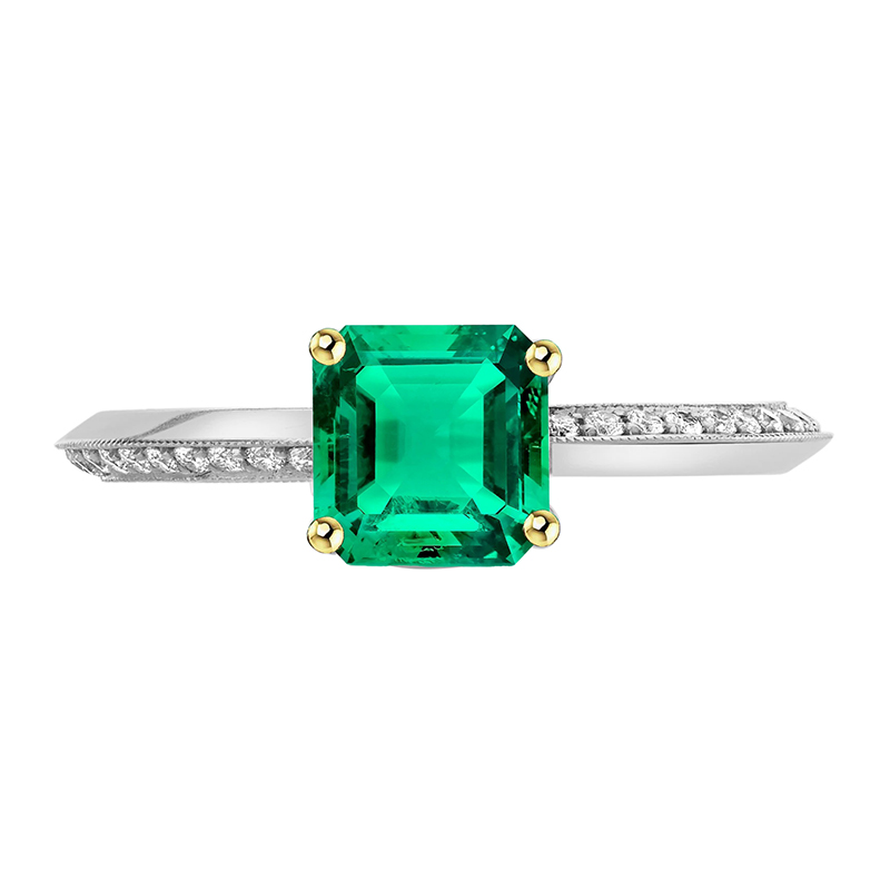 Asscher Groene Smaragd Diamant Ring Milgrain Ontwerp