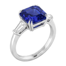 Afbeelding in Gallery-weergave laden, Baguette Diamant 3 Stenen Ring Diepblauwe Asscher Geslepen Saffier 2 Karaat
