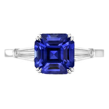 Afbeelding in Gallery-weergave laden, Baguette Diamant 3 Stenen Ring Diepblauwe Asscher Geslepen Saffier 2 Karaat
