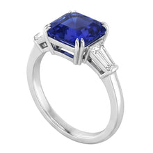 Afbeelding in Gallery-weergave laden, Baguette Diamant 3 Stenen Ring Diepblauwe Asscher Geslepen Saffier 2 Karaat
