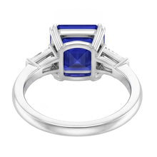 Afbeelding in Gallery-weergave laden, Baguette Diamant 3 Stenen Ring Diepblauwe Asscher Geslepen Saffier 2 Karaat
