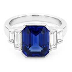 Baguette Diamond & Radiant Cut Blue Sapphire Ring Bar Set 2 karaat