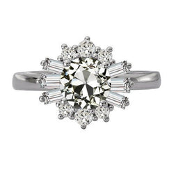 Baguette & Round Old Mine Cut Echt Diamond Halo Ring 6 karaat goud