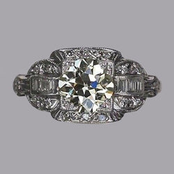 Baguette & Round Old Mine Cut Echt Diamond Ring Milgrain Shank 2,50 Karaat