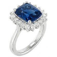 Afbeelding in Gallery-weergave laden, Big Cushion Ceylon saffier en ronde Natuurlijke echte diamanten ( niet in een laboratorium gekweekt ) 4 kt ring wit goud
