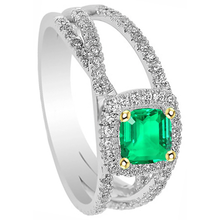 Afbeelding in Gallery-weergave laden, Colombiaanse Smaragd Edelsteen Ring 2,50 karaat 14 Karaat Tweekleurig Goud – zijaanzicht
