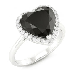 Verlovingsring met 3 karaat echte zwarte diamant, hartvormige halo, glad 14k witgoud