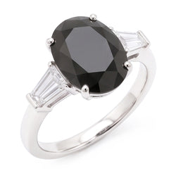 14k Witgouden ring met zwarte diamant 3,6 karaat natuurlijk ovaal baguette drie stenen