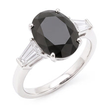 Afbeelding in Gallery-weergave laden, 14k Witgouden ring met zwarte diamant 3,6 karaat natuurlijk ovaal baguette drie stenen
