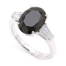 Afbeelding in Gallery-weergave laden, 14k Witgouden ring met zwarte diamant 3,6 karaat natuurlijk ovaal baguette drie stenen
