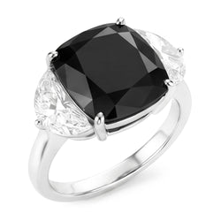 Zwarte diamant aanzoeksring 4,6 karaat natuurlijk kussenslijpsel halve maan driesteens 14k Witgoud