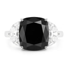 Afbeelding in Gallery-weergave laden, Zwarte diamant aanzoeksring 4,6 karaat natuurlijk kussenslijpsel halve maan driesteens 14k Witgoud
