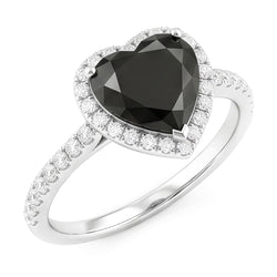 Aanzoeksring met 4 karaat natuurlijke zwarte diamant, hartvormige halo, pavé, 14k witgoud