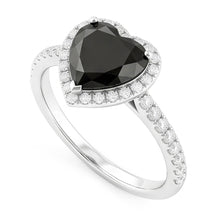 Afbeelding in Gallery-weergave laden, Aanzoeksring met 4 karaat natuurlijke zwarte diamant, hartvormige halo, pavé, 14k witgoud
