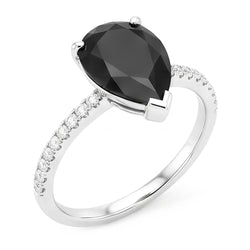 Zwarte diamanten ring 5 karaat natuurlijke peervorm pavé solitair 14k witgoud