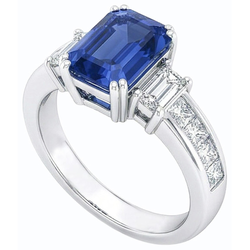 Blauwe Saffier 3 Steen Emerald Cut Ring & Prinses Diamanten 4 Karaat